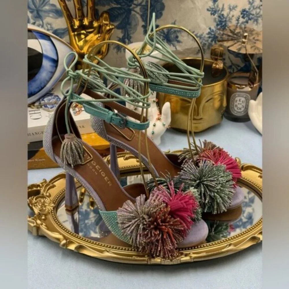 🆕 KURT GEIGER LONDON 🧿 NWOB Lilac & Teal Pom Pom Tie Ankle Heel, Sz 36 US 6 - Picture 7 of 15